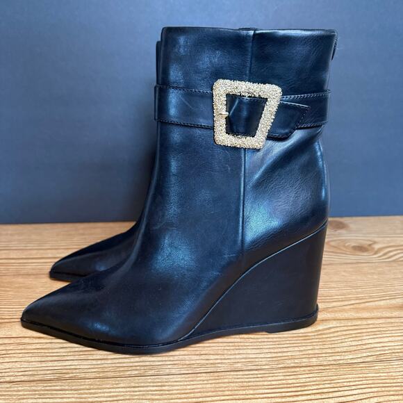 Sam Edelman Black Gold Buckle Weslie Leather Wedge Ankle Boots Womens 7 - Picture 1 of 12